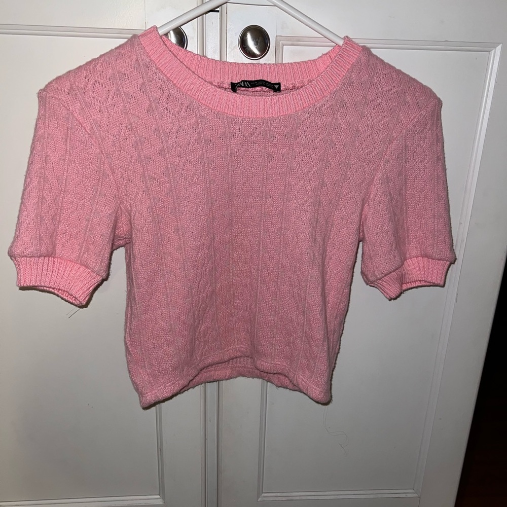Zara Small Pink Knit Cropped Shirt Short Sleeved